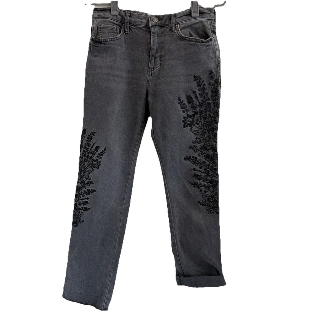 Free People We The Free Sz 27 Jeans Grey Black Embroidered Floral Denim Raw Hem - Picture 4 of 16